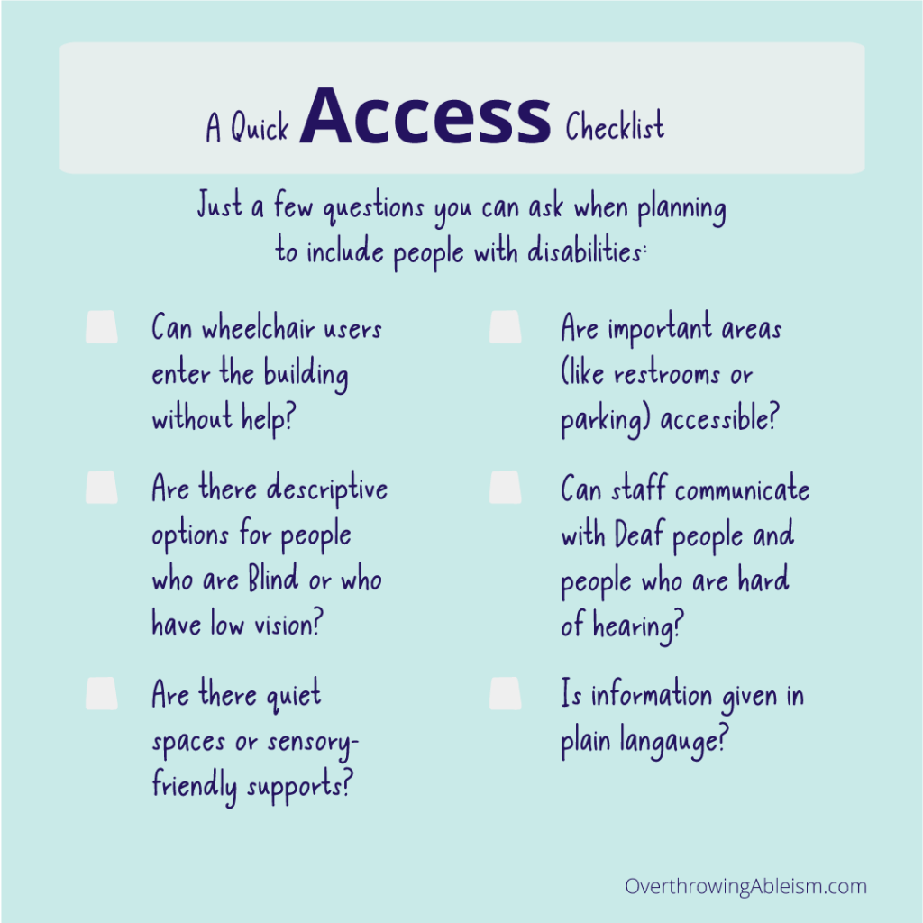 A graphic checklist with questions to consider when planning to include people with disabilities.